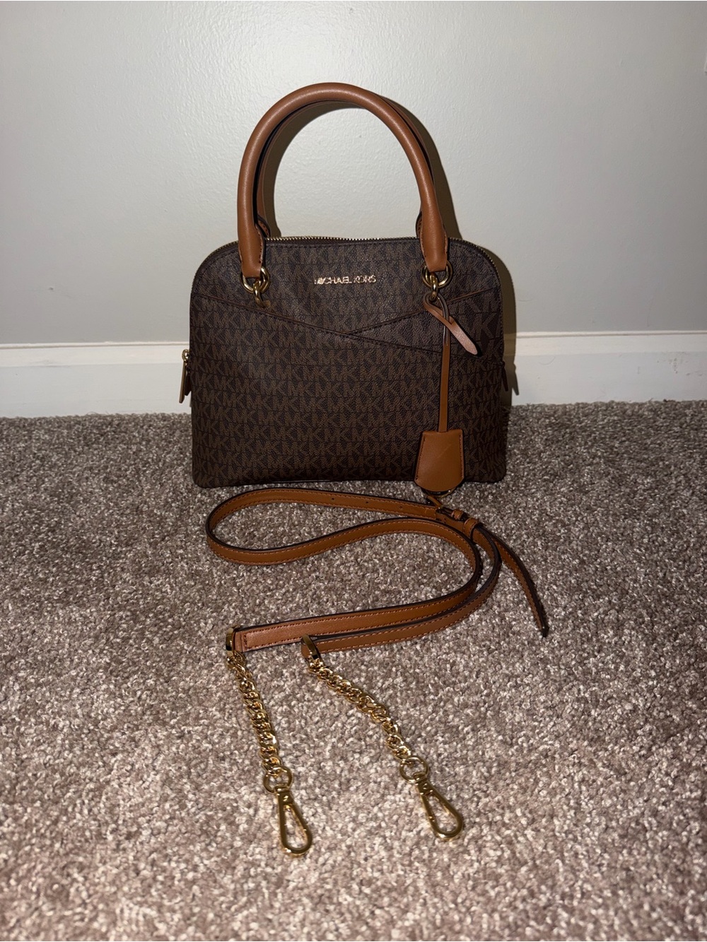 Michael Kors Brown Logo Dome Crossbody with Tan Trim and Gold Hardware